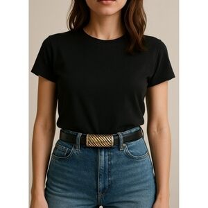 Vintage 80s Vicenza Woman’s Belt 46 Black Italian Genuine Calfskin Buckle Skinny